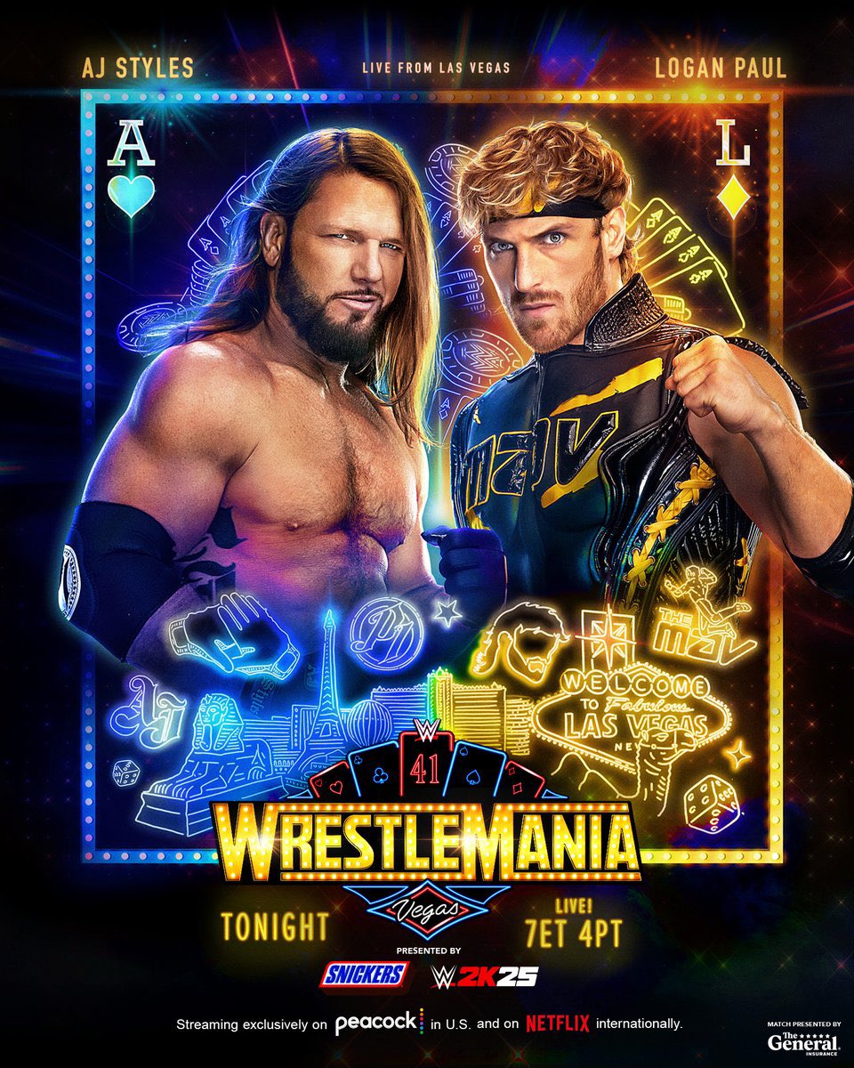 WWEalerts's tweet photo. Up NOW: AJ Styles vs. Logan Paul #WrestleMania https://t.co/bT7e0nniyy
