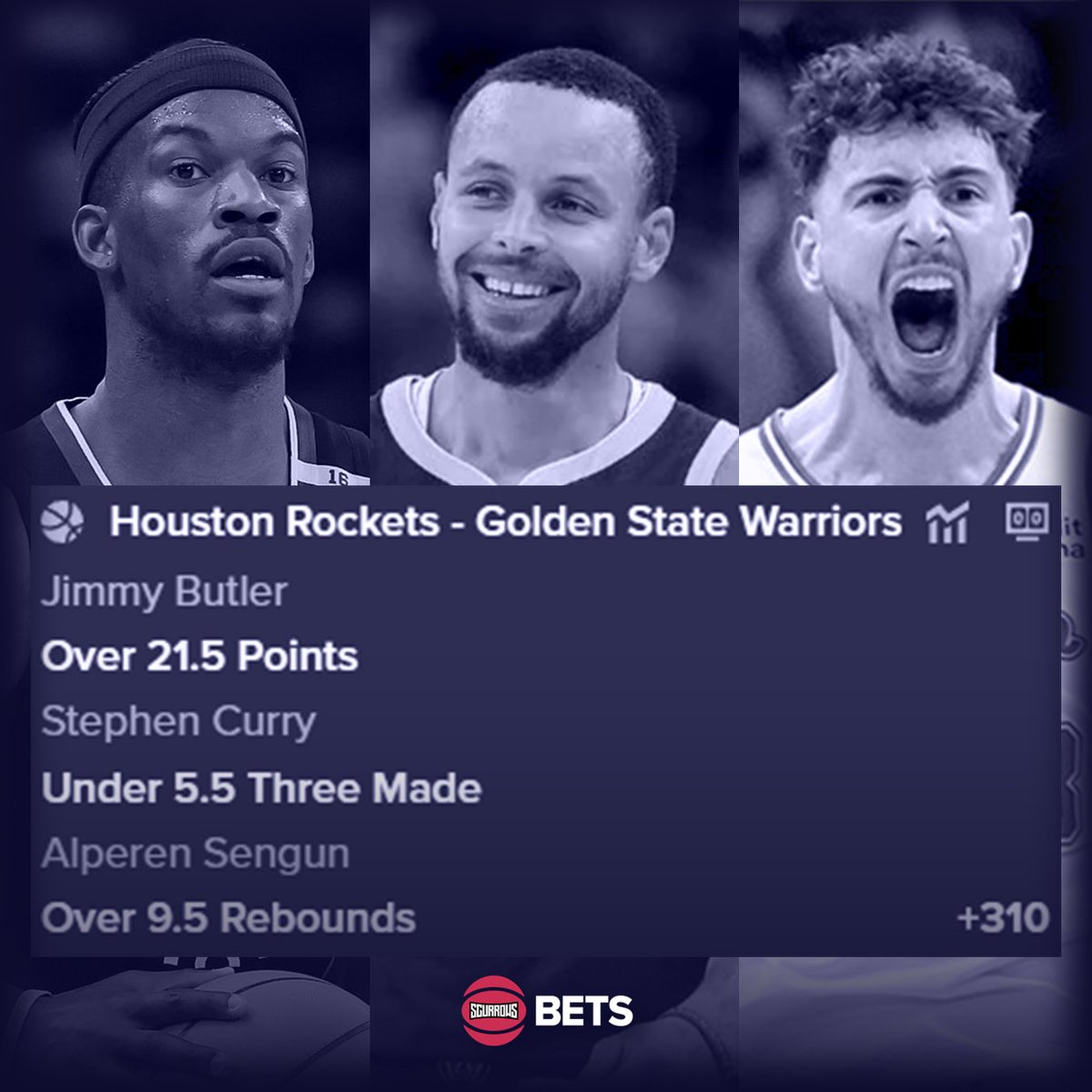 Apr 20th NBA Analyse:

Rockets - Warriors Parlay (+310)
- Jimmy Butler: Over 21.5 Points
- Stephen Curry: Under 5.5 Three Made
- Alperen Sengun: Over 9.5 Rebounds