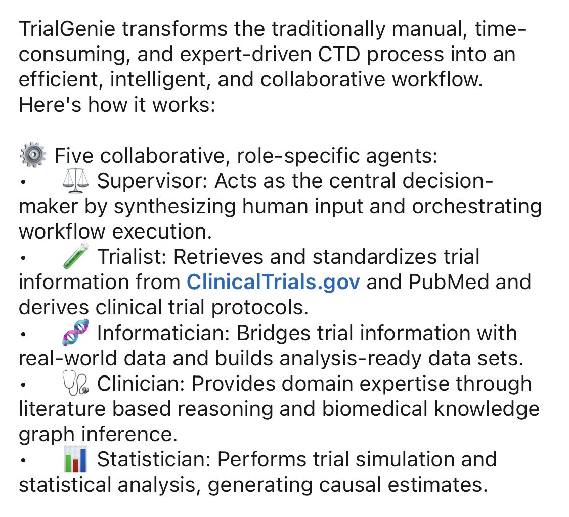 feiwang03's tweet image. Thrilled to share TrialGenie: A #MultiAgent system for extracting insights from #RWD that can inform clinical trial design. Preprint here medrxiv.org/content/10.110…. Feedbacks are welcome. Bravo to the team.