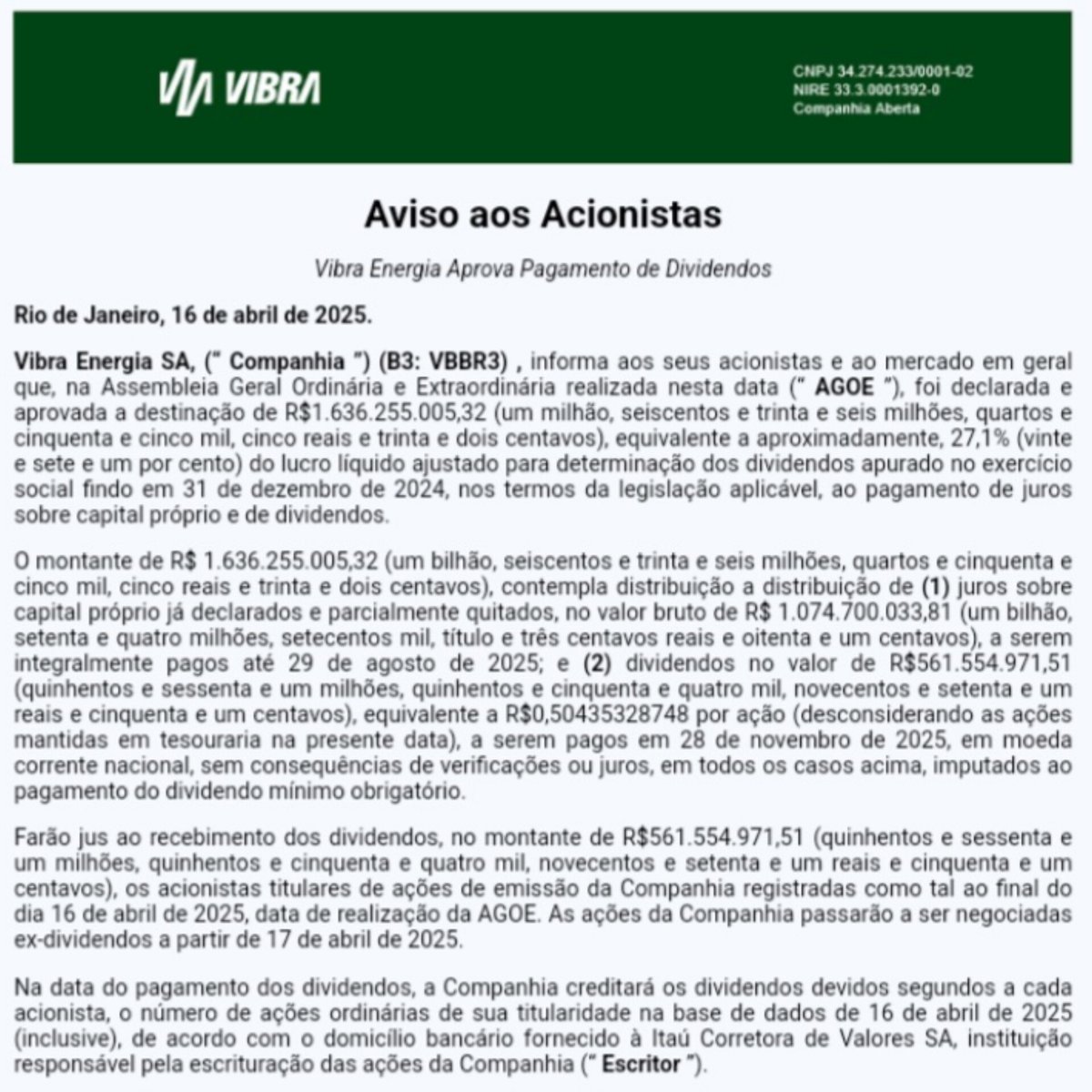QDividendos's tweet photo. Vibra Energia anuncia pagamento de Dividendos!!!
#Queroganhardividendos #VibraEnergia #Vibra #VBBR3 #Dividendos #JCP #Proventos https://t.co/UZsMW7Lb0f