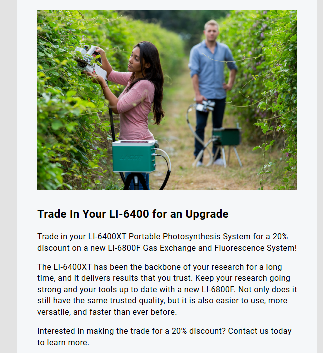 Hey Ecophysers -- FYI <a href="/LICOR_ENV/">LI-COR</a>  is offering a 20% discount on the Li- 6800 (hip girl in the front) when you trade in your 6400 (sad dude in the back).