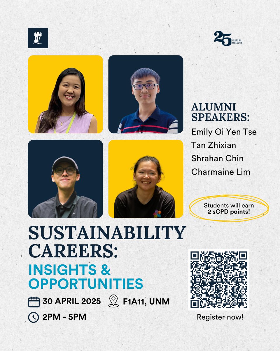 Join us as we dive into sustainability careers with four of our alumni for an insightful talk and panel discussion!​

📅 Date: 30 April 2025​
⏰ Time: 2PM – 5PM​
📍 Venue: F1A11, UNM ​

👉 Sign up here today: bit.ly/Sustainability…