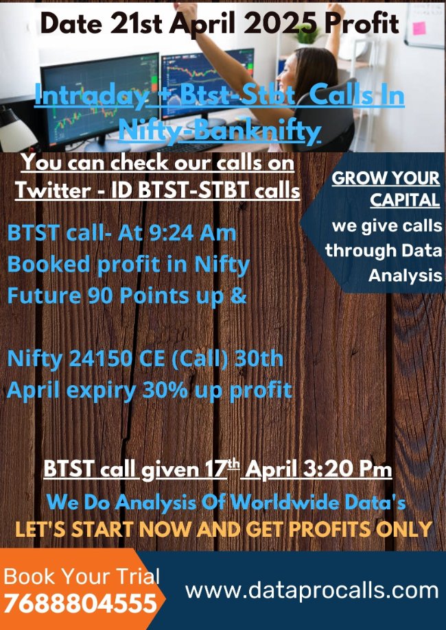 BtstStbt's tweet photo. https://t.co/spamQfHD15
Date - 21st April profit

Check Today's Profit and latest updates-News on Website

Nifty-Banknifty-Stocks F&amp;O
(we give calls through Data Analysis with technical support &amp; Fundamental News.

Whatsapp - 7688804555

#GIFTNIFTY #Nifty  #OptionsTrading https://t.co/Lod6IR0jW0