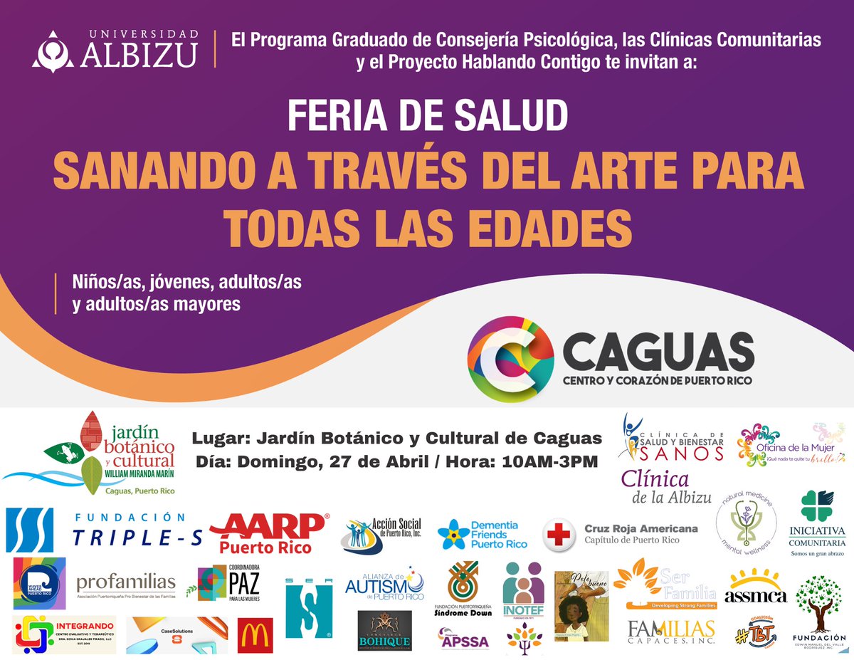 Te invitamos a la Feria de Salud “Sanando A Través del Arte para Todas las Edades”. Separa la fecha del Domingo, 27 de abril de 2025, a las 10AM.