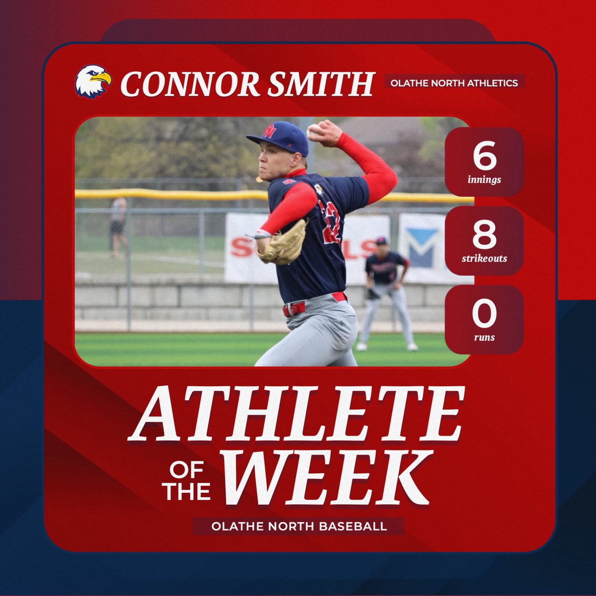 Connor Smith was voted Olathe North athlete of the week ⚾️ He led the Eagles to a 6-4 win over Blue Valley North 🦅