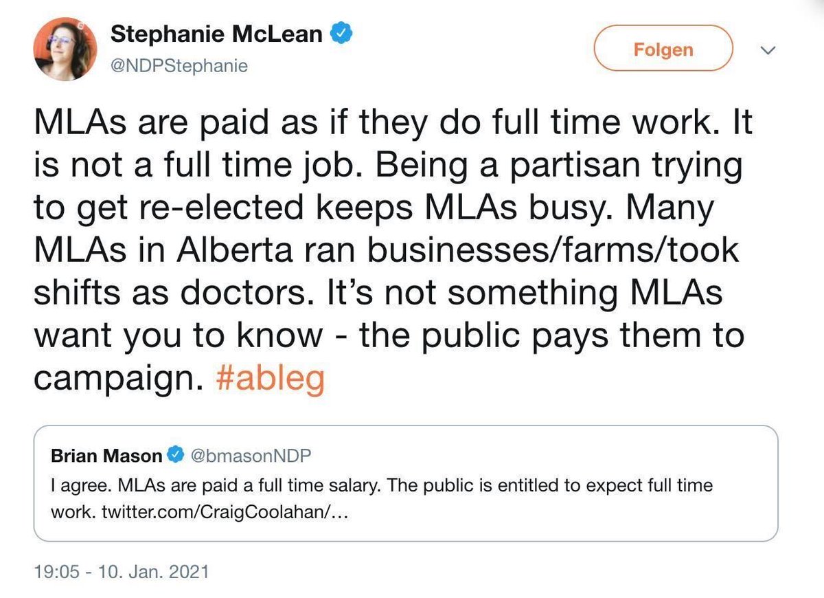 Voters in Esquimalt-Saanich-Sooke may be interested to know that when their Liberal candidate was an MLA in Calgary, she considered it a part time job. 🧵