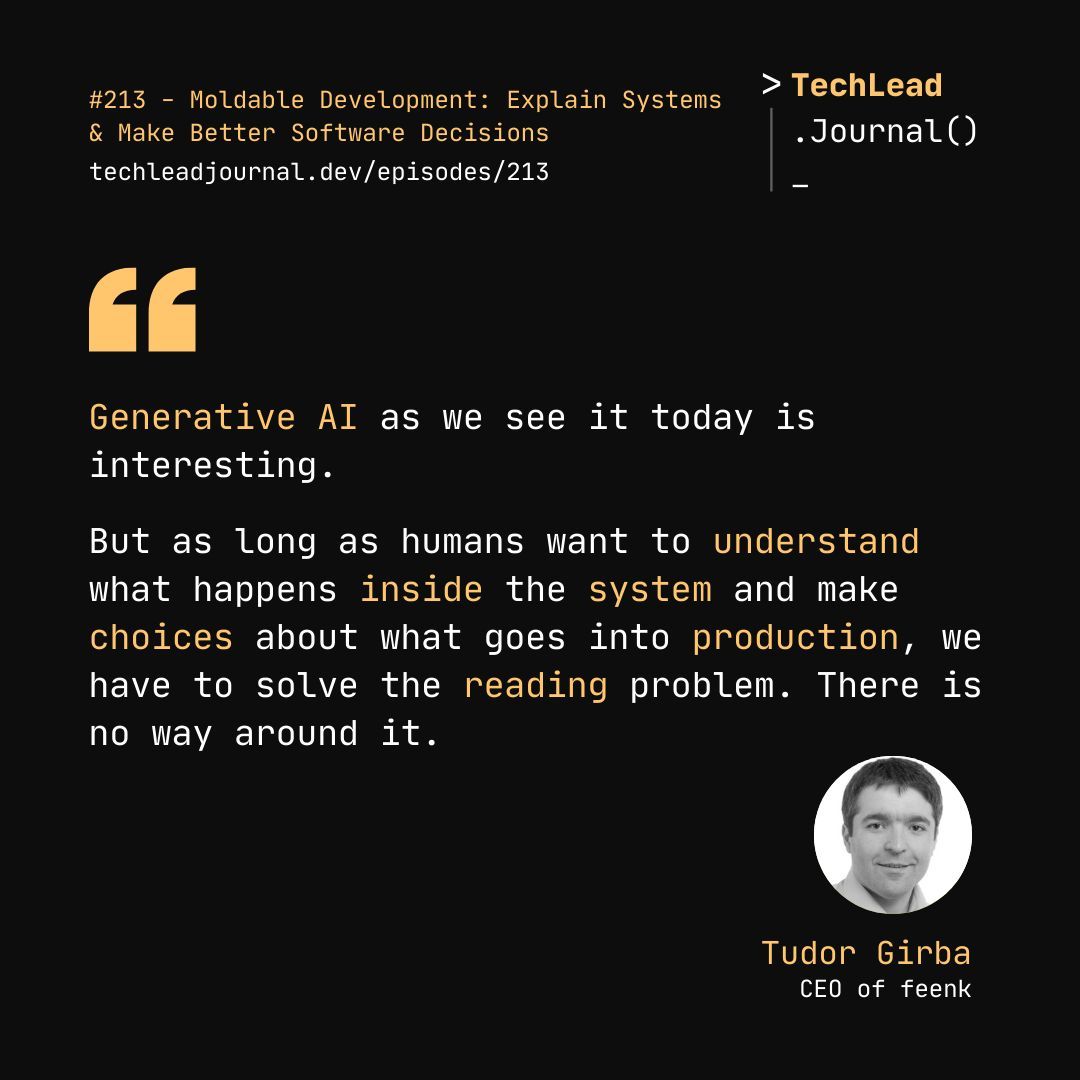 Tech Lead Journal (@techleadjournal) on Twitter photo Generative AI looks smart, but what if you still don't understand your system?
Hear more from <a href="/girba/">Tudor Girba</a> in episode 213.
#softwareengineer #decisionmaking #AI #artificialintelligence Generative AI looks smart, but what if you still don't understand your system?
Hear more from <a href="/girba/">Tudor Girba</a> in episode 213.
#softwareengineer #decisionmaking #AI #artificialintelligence