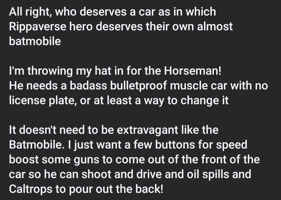 Rippafan_Zalen's tweet photo. Well Rippaverse, fans, who do you think deserves their very own Car like the batman mobile #Rippaverse #comics #indiecomics #chuckdixon #horseman #vigilante https://t.co/kvkIUJo0Nv