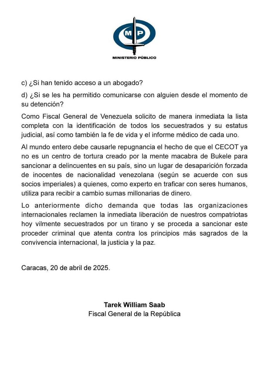 indhriana's tweet photo. Bukele incurre en Delito de Lesa Humanidad. 

Acepta que secuestró, con la complicidad de EEUU por petición de Maria Corina Machado a 252 migrantes venezolanos: Hijos, hermanos, padres a quienes han criminalizado para lograr sus objetivos personales. 

Ahora el Fiscal @TarekWiliamSaab hace solicitud formal de la información sobre: Delitos que se les imputan, ¿dónde presuntamente los cometieron?, cuando fueron presentados ante un tribunal, si han tenido contacto con abogados y familia? 

Venezuela actúa con fuerza, basta de impunidad. A los que han cometido delitos contra nuestra Patria,  se les debe exigir Responsabilidad Penal Internacional!