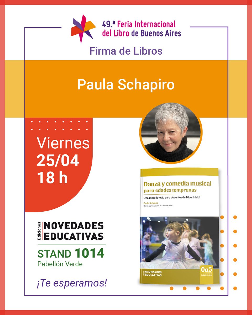 Estaré en la
✨ @Ferialibro ✨ firmando ejemplares de “DANZA Y COMEDIA MUSICAL PARA EDADES TEMPRANAS” <a href="/LibrosNoveduc/">Noveduc Libros</a> celebrando junto a la comunidad educativa que el arte llega a nuestras infancias

Los espero el
🗓 Viernes 25 a las 18 
📍La Rural
Stand 1014  PABELLÓN VERDE 🟢