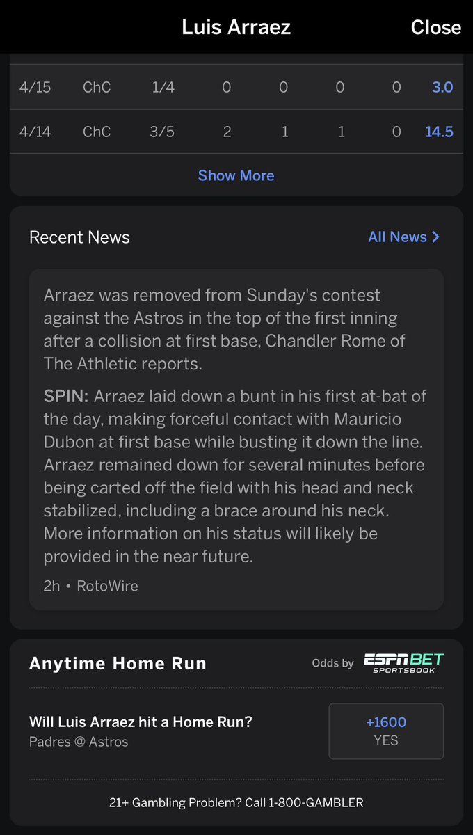 ChgoSportsGuy's tweet photo. ESPN offering +1600 for a homer from Arraez should be criminal. #ESPN #MLB https://t.co/PGWnTJkwM7