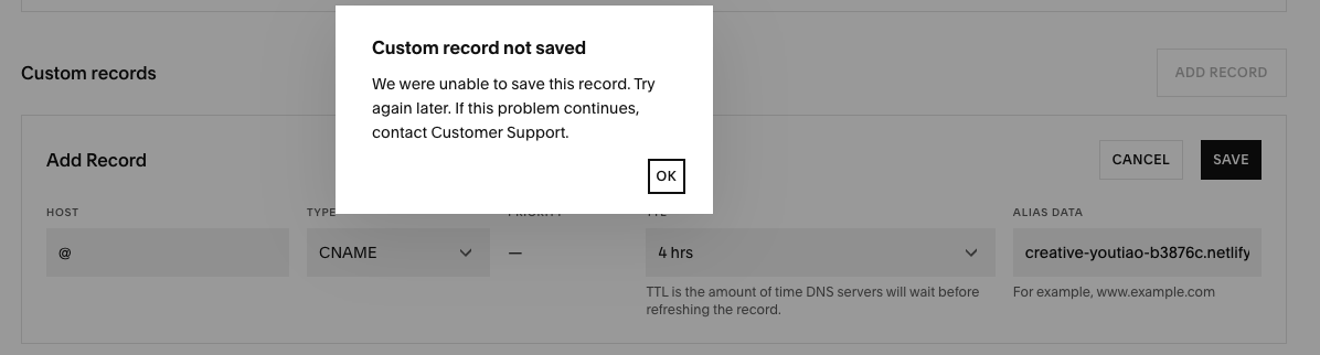 mealobox's tweet photo. Dear @squarespace 
I am reporting an issue I’ve encountered while attempting to add new custom DNS records (A and CNAME) to my domain. Each time I try to save the records, I receive the following error message: https://t.co/hYs23drnRR