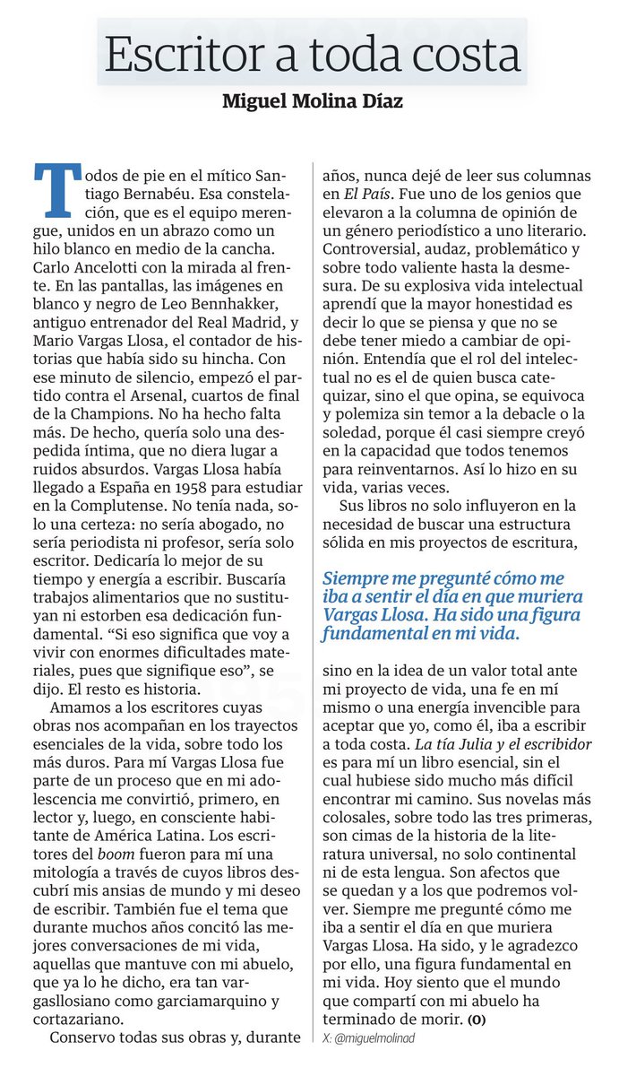 Miguel Molina Díaz (@miguelmolinad) on Twitter photo MI COLUMNA
‘Escritor a toda costa’
En la que me despido del #VargasLlosa terrenal para empezar a entender al ser que es ya una idea, a propósito del homenaje que le rindió el <a href="/realmadrid/">Real Madrid C.F.</a> MI COLUMNA
‘Escritor a toda costa’
En la que me despido del #VargasLlosa terrenal para empezar a entender al ser que es ya una idea, a propósito del homenaje que le rindió el <a href="/realmadrid/">Real Madrid C.F.</a>