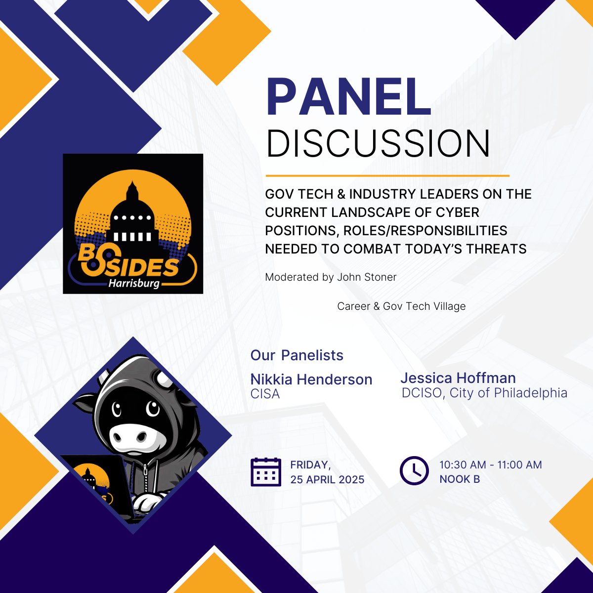 This year we are hosting panel discussions! Be sure to check out "Gov Tech &amp; Industry Leaders On The Current Landscape Of Cyber Positions Roles/Responsibilities Needed To Combat Today's Threats"

Get tickets at eventzilla.net/e/bsides-harri…

#BSidesHBG #infosec #cybersecurity #BSides
