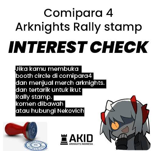 NekovichZ's tweet image. #comipara4 #rallystamp #comicparadise #comipara
Comipara 4 Arknights Rally stamp Interest check. 

Jika kamu membuka booth circle di comipara4 dan menjual merch arknights. dan tertarik untuk ikut Rally stamp. komen dibawah atau hubungi  Nekovich