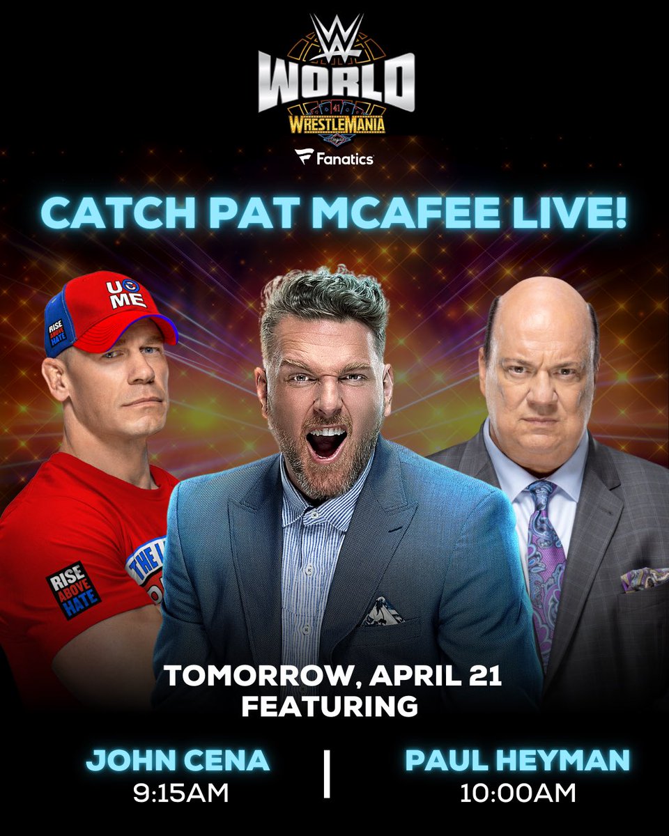 WHAT A SHOW WE HAVE IN STORE FOR THE FINAL DAY OF WWE WORLD ‼️

The <a href="/PatMcAfeeShow/">Pat McAfee</a> will kick things off and be joined by no other than the NEW <a href="/WWE/">WWE</a> Undisputed Champion, <a href="/JohnCena/">John Cena</a>, and ‘The Wiseman,’ <a href="/HeymanHustle/">Paul Heyman</a> 🔥🔥

Click the #linkinbio to purchase your 🎫