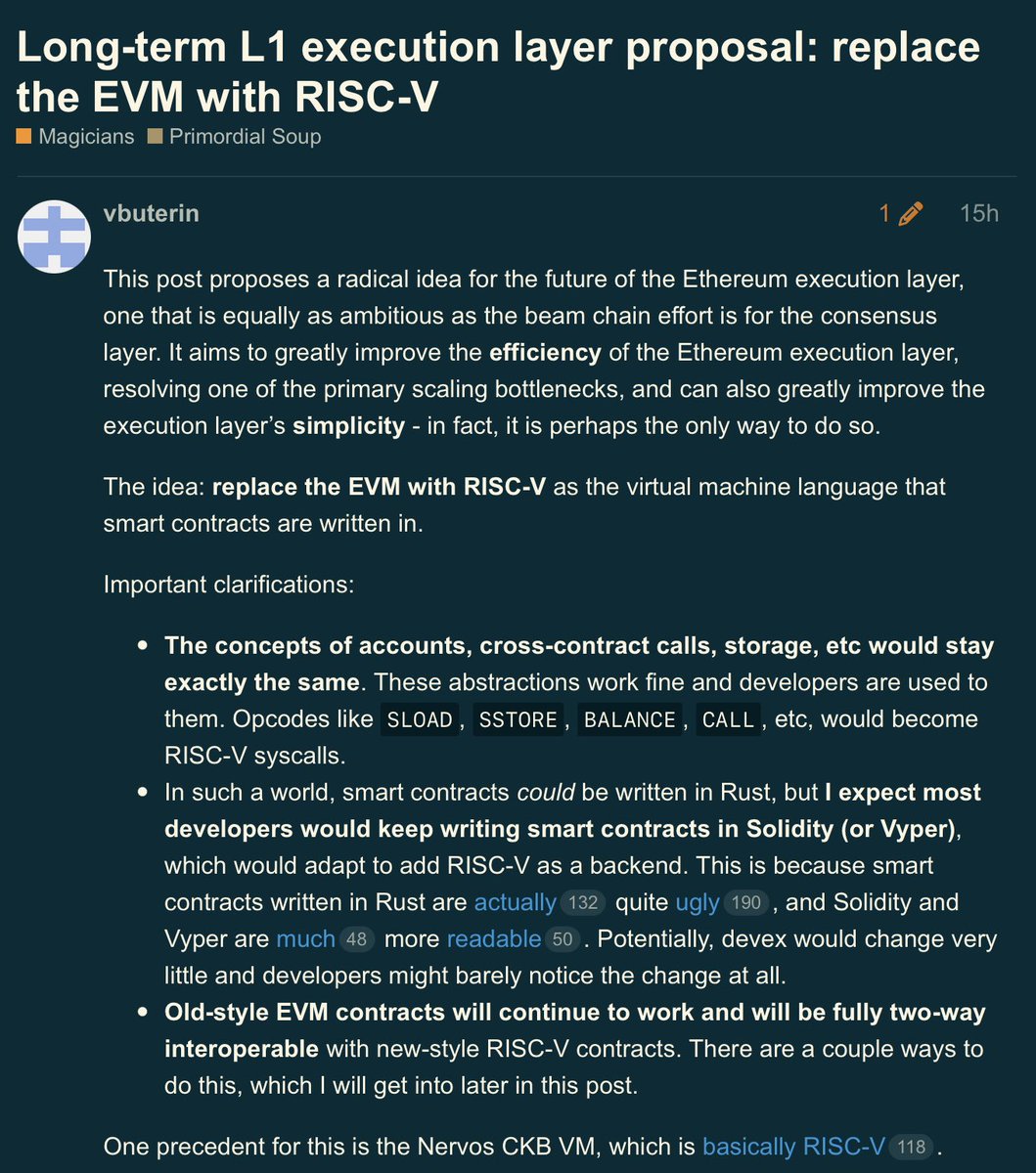 ETH超速報:イーサリアム発明者のVitalik Buterin氏は

「RISC-V(リスクファイブ)命令セットアーキテクチャに基づく新世代EVMへの移行」

について提案。最大100倍以上の効率化が可能という。
