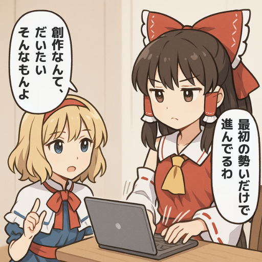 勢いで始まって、気合いで続く。
#ゲーム作る霊夢 