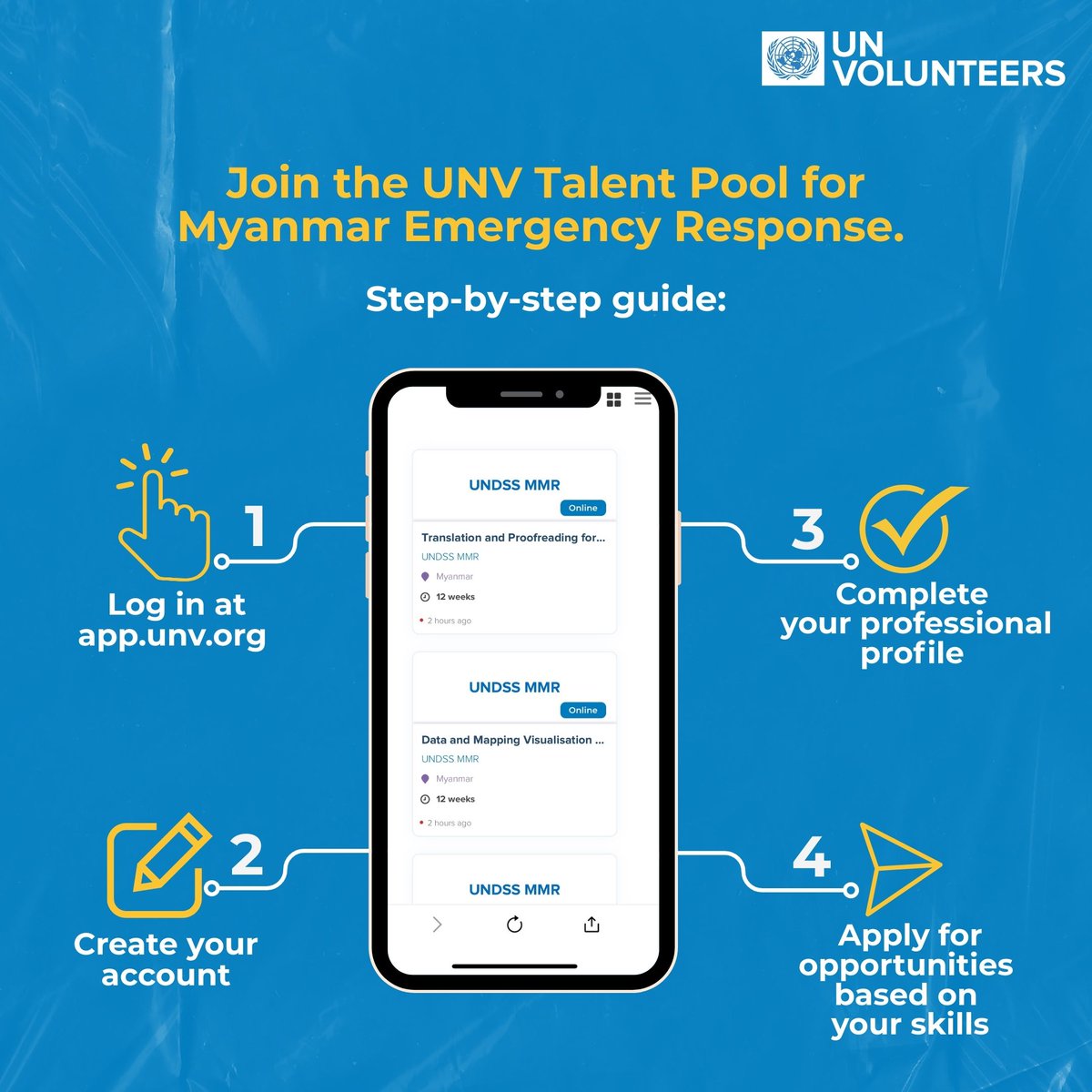 UNVAsiaPacific's tweet photo. 📣 Interested in joining the UN’s response efforts for the Myanmar 🇲🇲 earthquake?

✅First things first: Register with the UNV Talent Pool for the Myanmar Emergency Response.

🔽Here’s what you’ll find:
1️⃣A step-by-step guide to help you register
2️⃣Types of volunteer opportunities—both on-site and online
3️⃣Information on benefits and allowances

📌Register for the talent pool: https://t.co/KsSlZbF24P
📌Review the UN Volunteer Conditions of Service: https://t.co/1szBMJAsQr
📌Explore on-site and online opportunities: https://t.co/RpnFFYjzTO

💪 Step up and join us in supporting those affected.