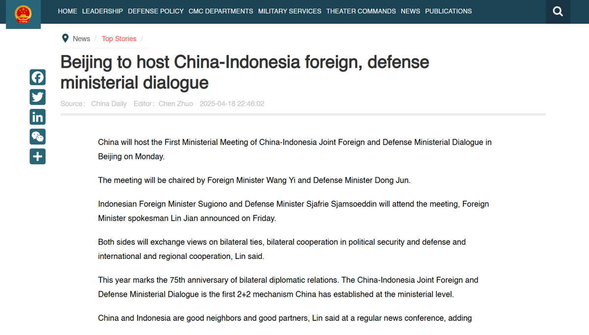 🇮🇩🇨🇳 Ongoing in Beijing: The first-ever 2+2 meeting between Indonesia and China, an important milestone in both countries' strategic partnership

eng.mod.gov.cn/xb/News_213114…