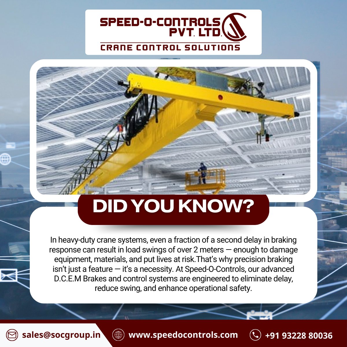 SpeedOControls's tweet image. Did you know a split-second braking delay in cranes can cause 2+ meter load swings, risking damage and lives? Speed-O-Controls&apos; D.C.E.M Brakes ensure zero delay for enhanced safety. #IndustrialSafety #CraneControls #BrakingMatters #SpeedOControls