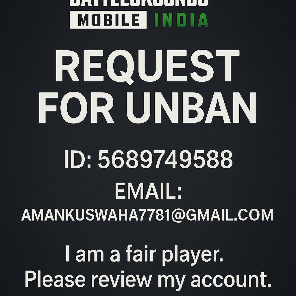 Dear <a href="/BattlegroundmIn/">BattleGrounds Mobile India</a> <a href="/KraftonIndia/">Battleground Mobile India</a>
My BGMI ID (5689749588) has been unfairly banned for 10 years, even though I followed all the rules and didn’t play any matches after a short suspension. I’ve already mailed support but no response yet.
Please review my case. 
#BGMI #UnbanMyID