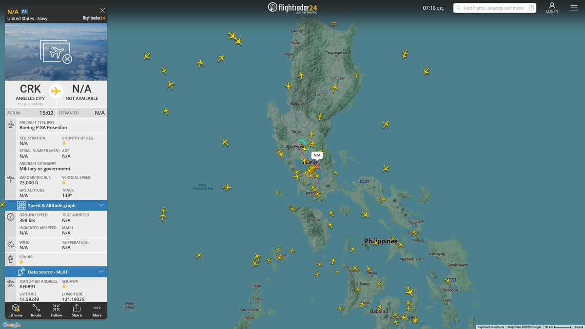 AIYeyENGDdJkjTr's tweet photo. Apr. 21, 2025
#Clark Air Base, Philippines #Cebu, Philippine #Bohol Sea
#NoCALLSIGN #AE6891 USN P-8A Poseidon
There is a possibility that a major US Navy warship will pass through the strait. https://t.co/zqp8lP6dnB