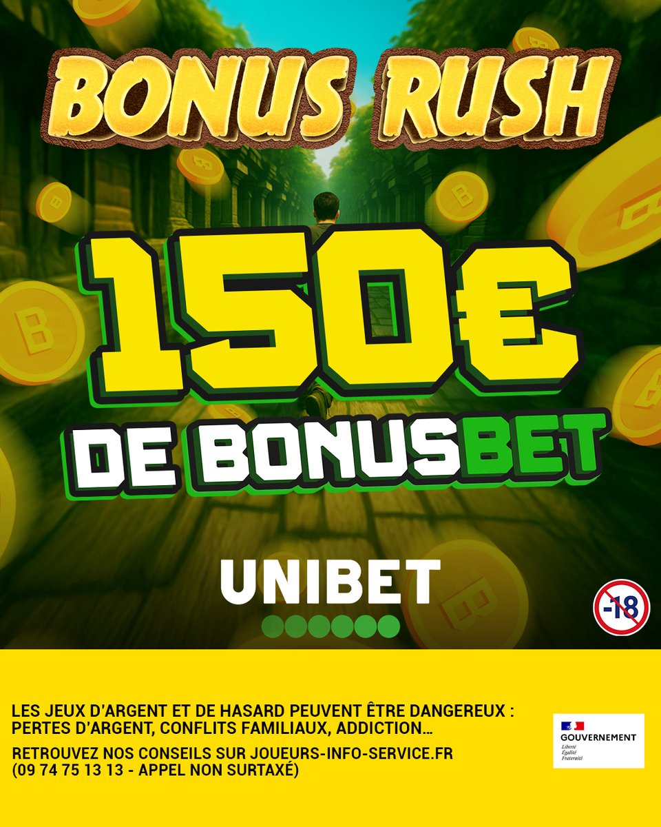 Unibet France 🔞 (@unibetfrance) on Twitter photo 🚨 Dernière ligne droite aujourd'hui 🏃♂️
👟 Attache bien tes lacets, il y a 10 x 15€ de BonusBet à gagner 🪙
🫵 RT/Follow <a href="/UnibetFrance/">Unibet France 🔞</a> + #BonusRush + ton pseudo 🚨 Dernière ligne droite aujourd'hui 🏃♂️
👟 Attache bien tes lacets, il y a 10 x 15€ de BonusBet à gagner 🪙
🫵 RT/Follow <a href="/UnibetFrance/">Unibet France 🔞</a> + #BonusRush + ton pseudo