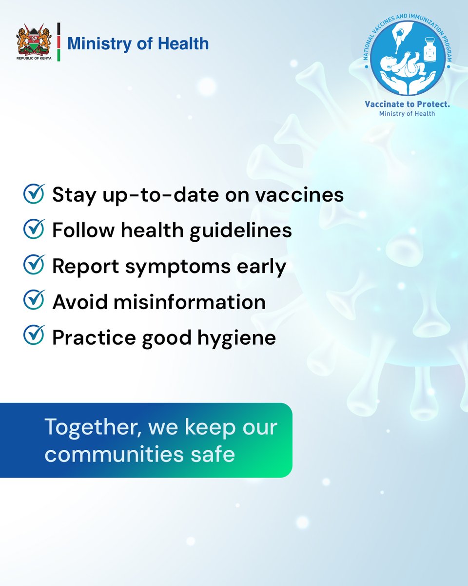 VaccinesKenya's tweet photo. Disease outbreaks spread fast, but when we act faster, we can help stop the spread. From getting vaccinated to reporting symptoms, here are some ways you can keep your community protected from deadly outbreaks. https://t.co/z8w0Dohoeg