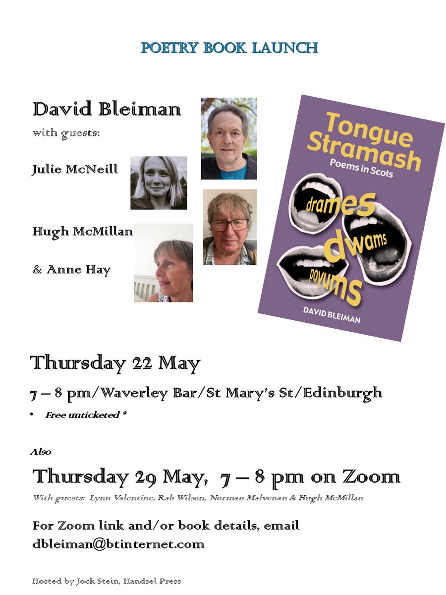 David Bleiman (grandfather poet) (@bleimandavid) on Twitter photo "Tongue Stramash" (Poems in Scots) launches on 22 May (Edinburgh) and 29 May (Zoom).
Free events, all details on flyer.
Reposts appreciated...
<a href="/billykayscot/">Billy Kay</a> <a href="/MizLiot/">✨MizLiot//NicTeàrlach✨</a> <a href="/billherbert/">Bill Herbert</a> <a href="/Lenniesaurus/">✨Lentil Pentil✨</a> <a href="/scotslanguage/">Scots Language Centre</a>
<a href="/shugmcmillan/">hugh mcmillan</a> <a href="/JulieMcNeill1/">Julie McNeill</a> "Tongue Stramash" (Poems in Scots) launches on 22 May (Edinburgh) and 29 May (Zoom).
Free events, all details on flyer.
Reposts appreciated...
<a href="/billykayscot/">Billy Kay</a> <a href="/MizLiot/">✨MizLiot//NicTeàrlach✨</a> <a href="/billherbert/">Bill Herbert</a> <a href="/Lenniesaurus/">✨Lentil Pentil✨</a> <a href="/scotslanguage/">Scots Language Centre</a>
<a href="/shugmcmillan/">hugh mcmillan</a> <a href="/JulieMcNeill1/">Julie McNeill</a>