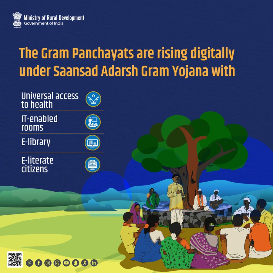 MoRD_GoI's tweet image. Various Gram Panchayats of the country now have 100% access to primary health care services, e-governance, and much more. Under Saansad Adarsh Gram Yojana, the GPs are experiencing a process-based transformation.
#MoRD #VillageDevelopment #RuralDevelopment #RuralIndia #SAGY