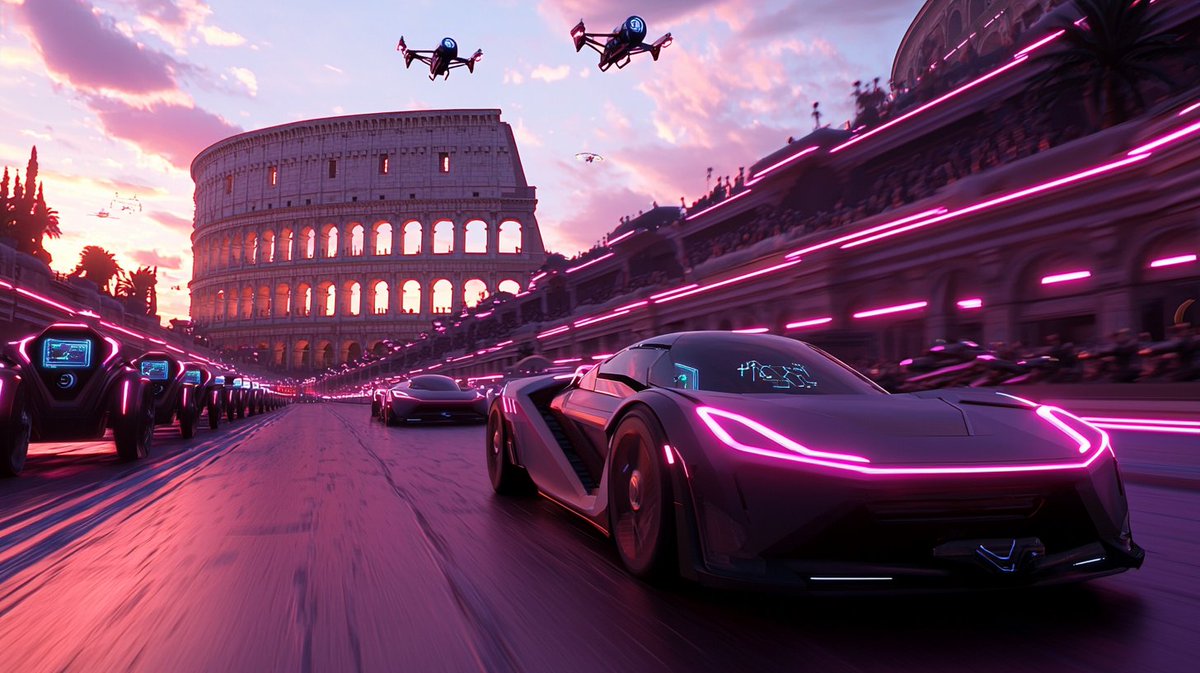 Synth_Cyborg's tweet photo. Gladiators wore armor. These ones wear neon. Let the Colosseum roar. 🏁
#NeoRome #CyberRace #DigitalGladiators #FuturismUnleashed https://t.co/67owTfyAvh