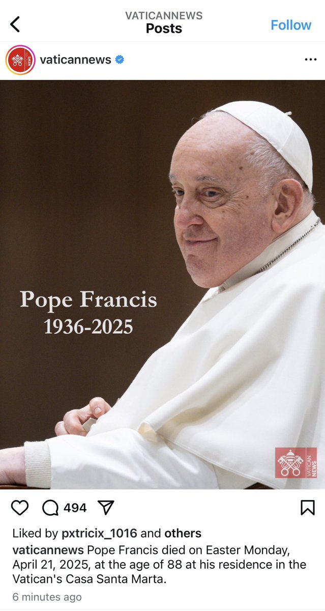 UOWTV (@uowtv) on Twitter photo BREAKING - Pope Francis has died, aged 88, at his residence in Vatican.
Photo via <a href="/VaticanNews/">Vatican News</a> BREAKING - Pope Francis has died, aged 88, at his residence in Vatican.
Photo via <a href="/VaticanNews/">Vatican News</a>