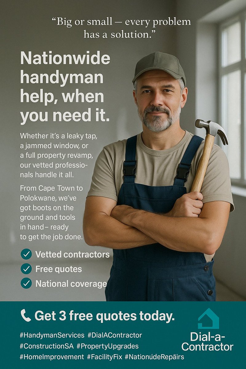 DialAContractor's tweet image. Big or small — every problem has a solution.

Nationwide handyman help, when you need it. Whether it&apos;s a leaky tap, a jammed window, or a full property revamp, our vetted professionals handle it all. 
#HandymanServices #DialAContractor #ConstructionSA #PropertyUpgrades