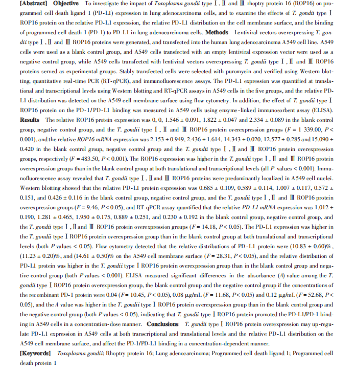 CJSC_Journal's tweet photo. 'Impact of <i>Toxoplasma gondii</i> type I rhoptry protein 16 on programmed cell death ligand 1 expression and its binding to programmed cell death 1 in lung adenocarcinoma cells' an article on #ScienceOpen: https://t.co/WbAwAN5kLj https://t.co/tB8O0G1etC