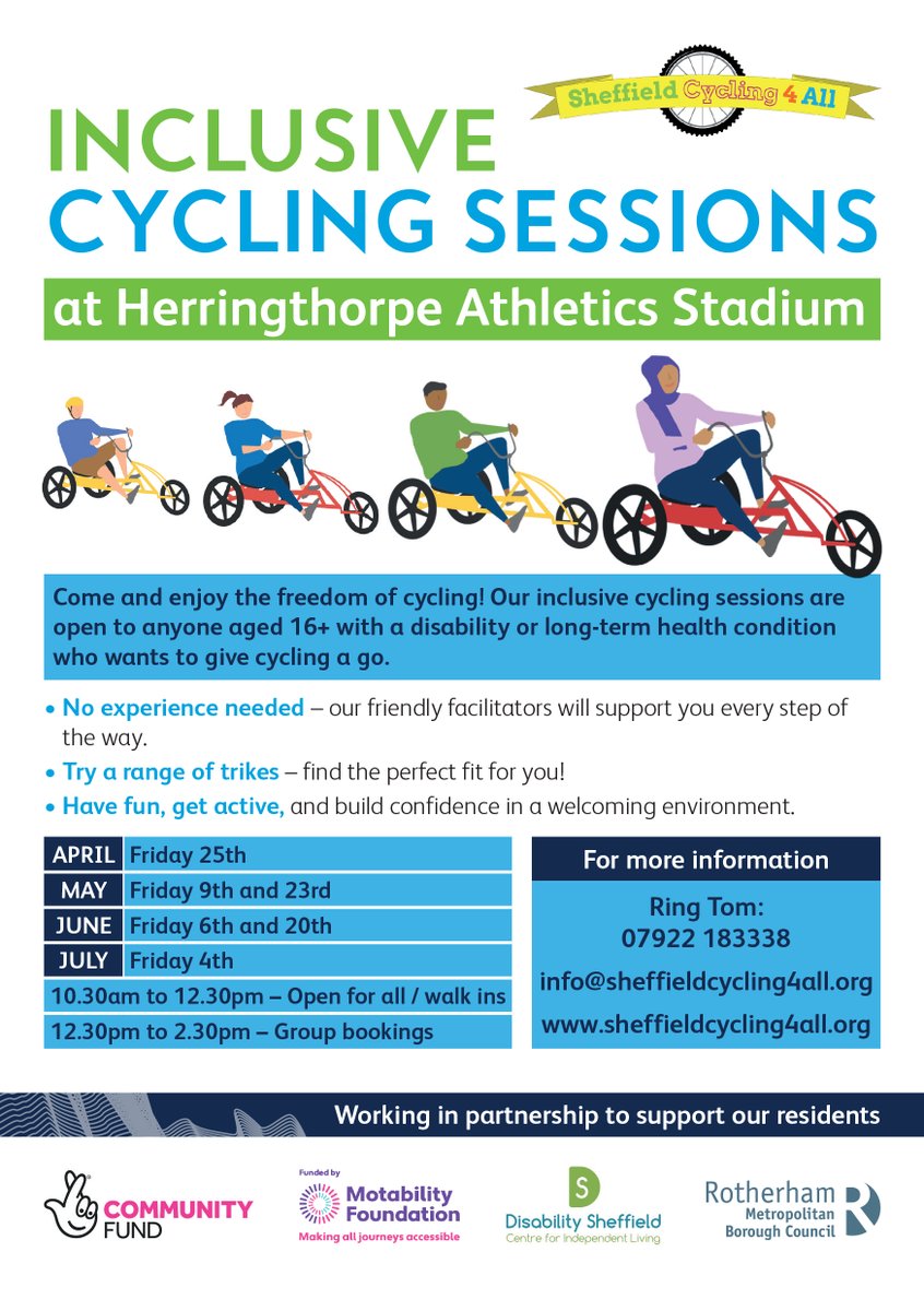 RUFC_CT's tweet image. HEALTH | Inclusive Cycling at Herringthorpe Stadium!🚴‍♀️

Come and enjoy the freedom of cycling! These sessions are open to anyone 16+ with a disability or long-term health condition. No experience needed – just come along, have fun, and get active! 💙

#InclusiveCycling #GetActive