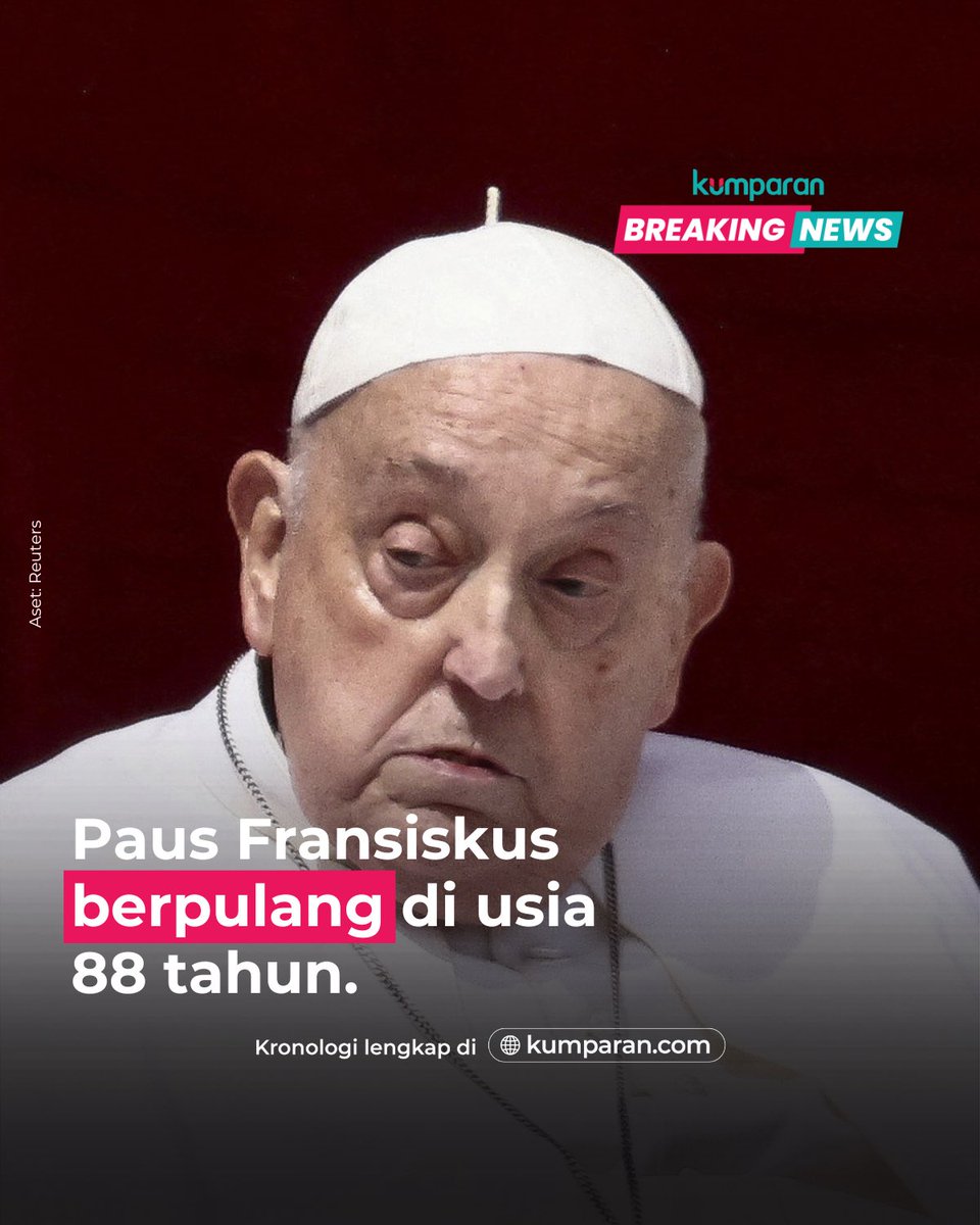 kumparan's tweet image. Rest In Peace, Pope🥀

Paus Fransiskus, pemimpin Gereja Katolik asal Argentina, wafat di usia 88 tahun. Kabar tersebut disampaikan langsung oleh Vatikan, Senin (21/4). Paus Fransiskus meninggal usai mengalami pneumonia dan sempat dirawat di rumah sakit selama beberapa waktu…