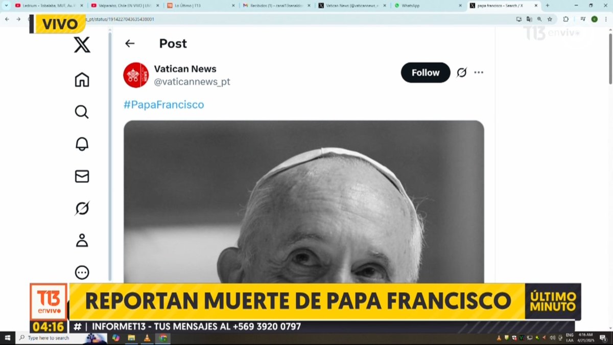 T13 unico medio nacional informando de la muerte del Papa a estas horas de la madrugada.