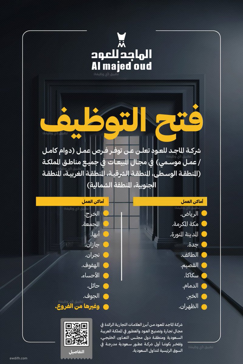 ewdifh's tweet photo. (🔴) وظائف الماجد للعود (دوام كامل / موسمي) في جميع مناطق المملكة (اختر أقرب فرع لك):

▪️ جميع مناطق المملكة (أكثر من 25 مدينة).
▪️ المؤهلات (الثانوية، الدبلوم، البكالوريوس).
▪️ لا تشترط وجود خبرة سابقة.

تفاصيل: https://t.co/r12L3Fvy2M https://t.co/vg8c1P9NQ9