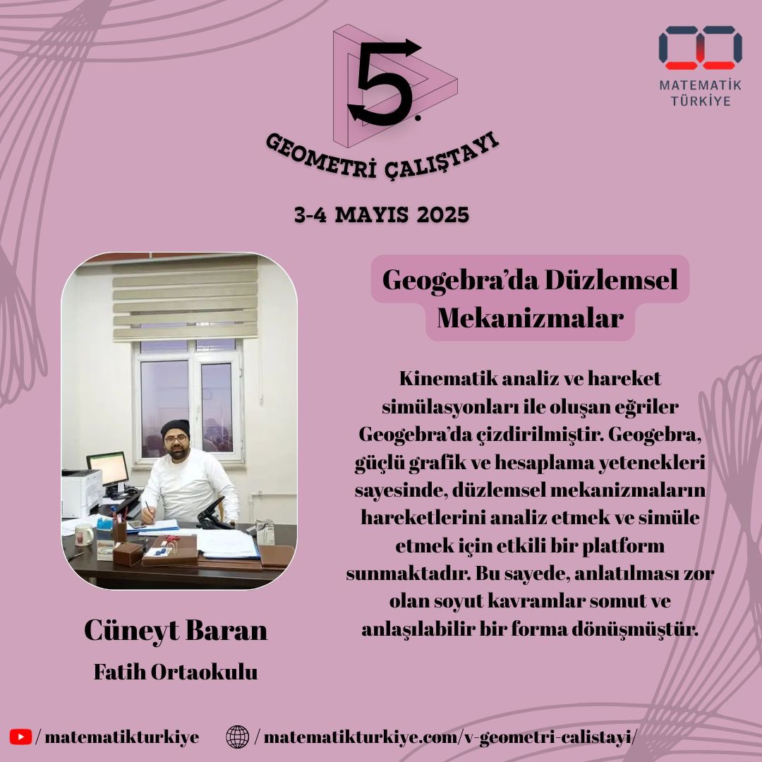 Cüneyt Baran hocamızın “Geogebra’da Düzlemsel Mekanizmalar” başlıklı konuşmasının detaylarına görselden ulaşabilirsiniz.😊

#tmk #akademiktmk #türkiyematematikkulübü #matematik #math #geometri #geometry
