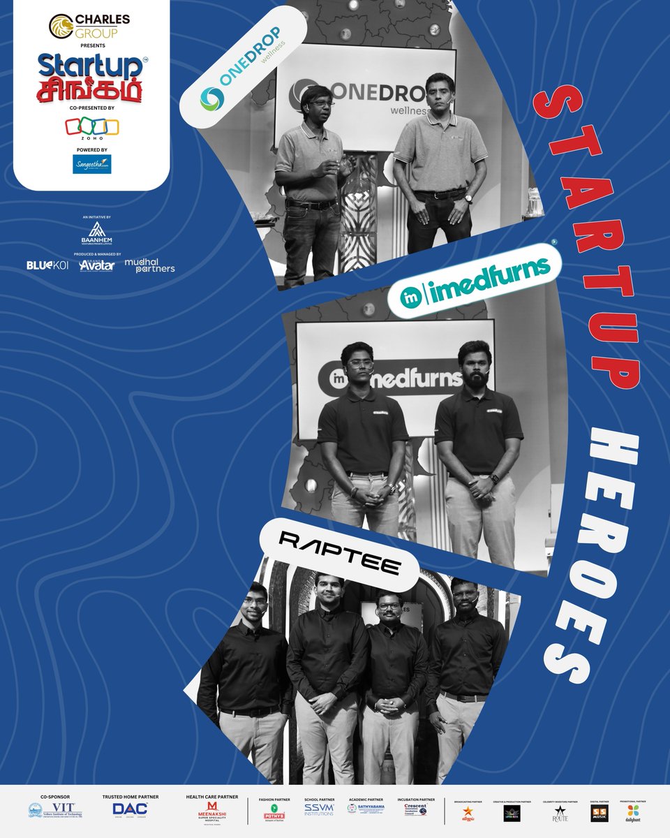 Meet the Heroes of Episode 13! 🚀💡
These startups took the Startup Singam stage with bold ideas, powerful missions, and the drive to make a difference:
🔸 ONEDROP WELLNESS
🔸 IMEDFURNS
🔸 RAPTEE
They came. They pitched. They inspired. 💥
Which one captured your vote?