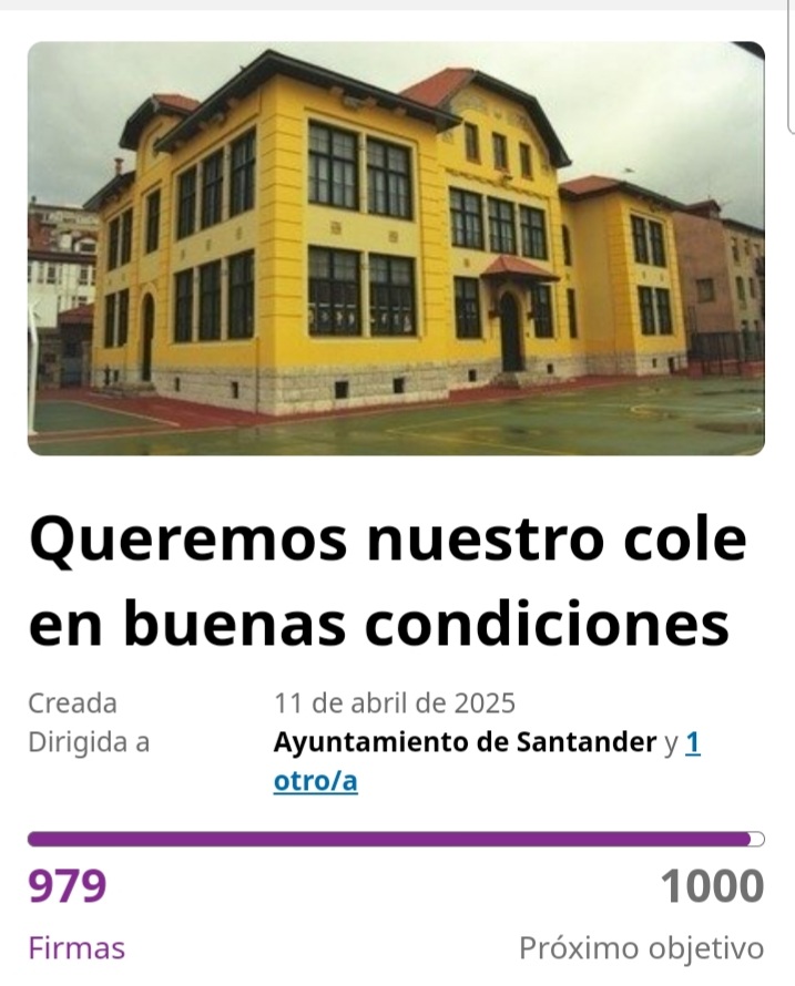 Acercándonos a las 1.000 firmas en <a href="/Change/">Change.org</a> .
Ayúdanos a pedir al Ayuntamiento de Santander que nos dé una solución para colocar la escalera de incendios y firma aquí:
change.org/Queremos_nuest…
¡QUEREMOS NUESTRO COLE EN BUENAS CONDICIONES!