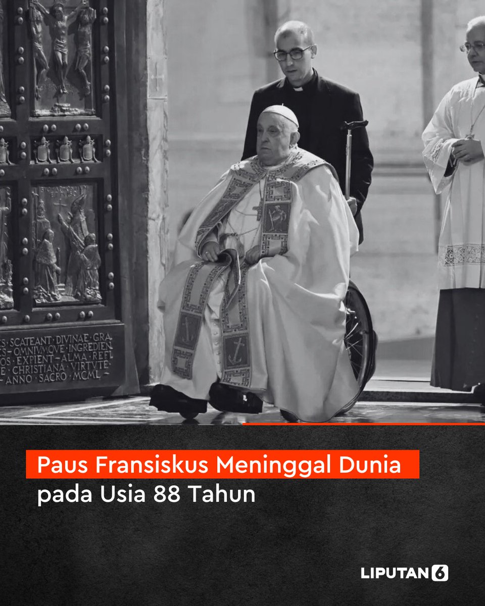 liputan6dotcom's tweet photo. Paus Fransiskus meninggal dunia, seorang Yesuit Argentina yang menjadi Paus Katolik Roma pertama dari Benua Amerika, demikian pernyataan Vatikan pada hari Senin (21/4/2025) seperti dikutip dari CNBC. Paus Fransiskus meninggal pada usia 88 tahun.

#pope #pausfransiskus #lip6alv https://t.co/Hw6KdiJrJL