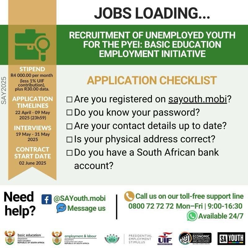 DBE_SA's tweet photo. Applications for the Basic Education Employment Initiative open tomorrow, 22 April. Details on how to register on https://t.co/4N17l6UkA4 and apply below https://t.co/08jhOvHGvm