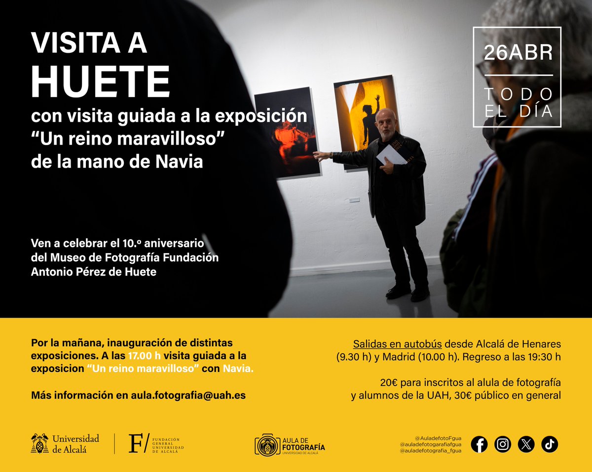 🎉 El <a href="/FAPoficial/">Fundación Antonio Pérez</a> celebra su 10º aniversario el 26 de abril en Huete y organizamos una salida para celebrarlo. ¡Te vienes?👇

🖼️Visita guiada a “Un reino maravilloso” con Navia
🚌 Salidas desde Alcalá y Madrid
💰 20€ Aula/UAH | 30€ general
📩 aula.fotografia@uah.es

#Fotografía