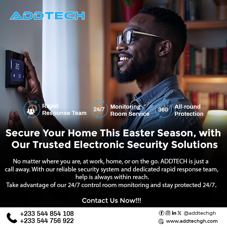 AddtechLiberia's tweet image. Celebrate Easter with Peace of Mind! 🛡️🐣
Keep your home and loved ones safe this season with ADDTECH&apos;s 24/7 electronic security solutions and rapid response team.
📞 Call us now to stay protected!
#EasterSafety #HomeSecurity #AddtechGhana #SecureWithAddtech #PeaceOfMind
