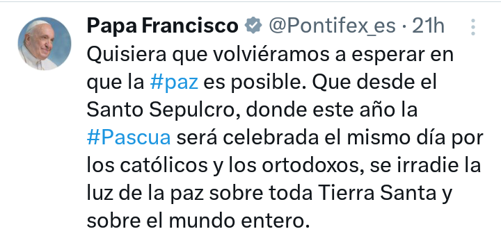 faazmani's tweet image. .@Pontifex_es toda una vida luchando por la PAZ en el Mundo, hasta el último día de su Vida la pidió, en el día que Jesús venció a la muerte y le dio sentido a TODO:  x.com/Pontifex_es/st… ¡grande! #DED #PapaFrancesco cope.es/religion/hoy-e…