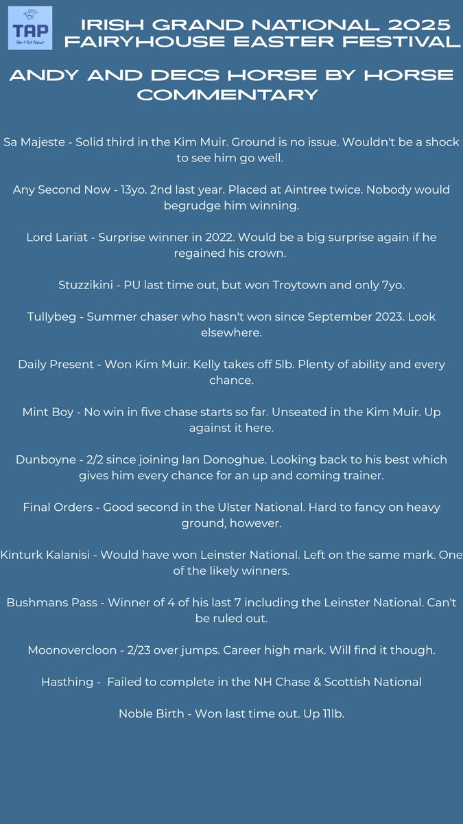Take A Pull Podcast (@takeapullpod) on Twitter photo As promised, our runner by runner guide to The Irish Grand National at <a href="/Fairyhouse/">FairyhouseRacecourse</a> As promised, our runner by runner guide to The Irish Grand National at <a href="/Fairyhouse/">FairyhouseRacecourse</a>