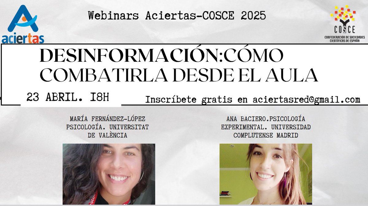ACIERTAS (@aciertasred) on Twitter photo Querido profe, ¿quieres enseñar a tus alumnos a detectar las fake news? En el próximo webinar Aciertas COSCE te damos herramientas. Inscríbete gratis en aciertasred@gmail.com Más info en aciertas.org/webinar-estrat… Querido profe, ¿quieres enseñar a tus alumnos a detectar las fake news? En el próximo webinar Aciertas COSCE te damos herramientas. Inscríbete gratis en aciertasred@gmail.com Más info en aciertas.org/webinar-estrat…