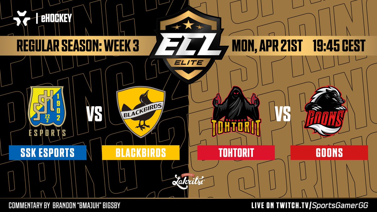 🔥 Week 3 of #ECL25Spring Elite is HERE! 

📺 Watch LIVE on twitch.tv/SportsGamerGG
⏰ 19:45 CEST | Monday, April 21st
🔵 <a href="/SSKEsports/">SSK Esports</a> vs <a href="/BlackbirdsNHL/">BlackbirdsNHL</a> 🐦‍⬛

🩺 <a href="/tohtoritesports/">Tohtorit 🧙🏽‍♂️</a> vs <a href="/Goons_esport/">GOONS</a> 🦨
🎙️ Commentary by <a href="/bMaJuH/">MaJuH 🎥</a>

#eHockey | #NHL25 | #KouvolanLakritsi